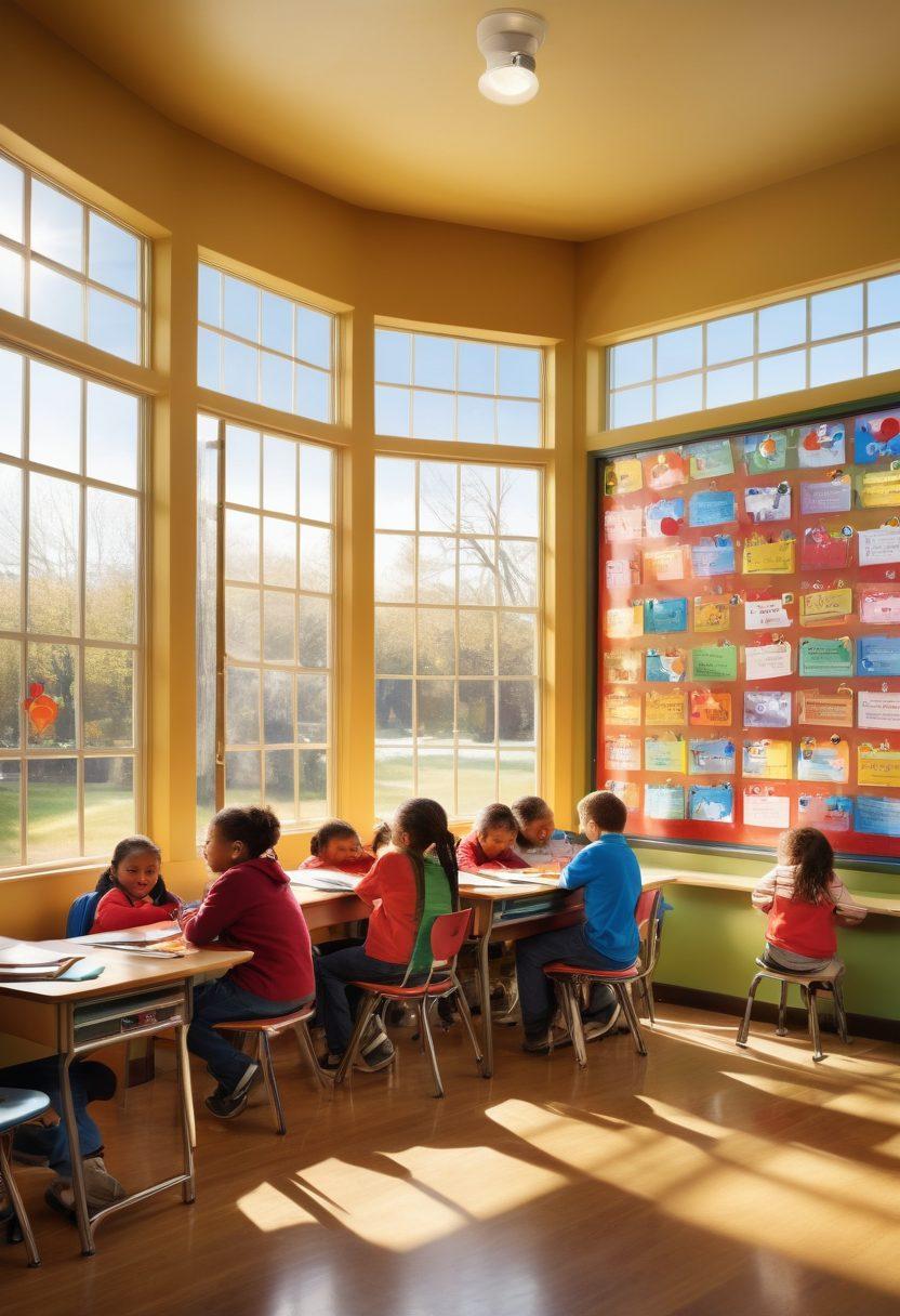 A warm and colorful classroom scene where a diverse group of children are engaged in a nurturing learning environment, surrounded by inspirational quotes on the walls and interactive educational tools. A caring teacher actively participating, and heart symbols subtly incorporated into the decor. Bright sunlight streaming in through large windows to enhance the atmosphere of affection and passion in education. vibrant colors. super-realistic.