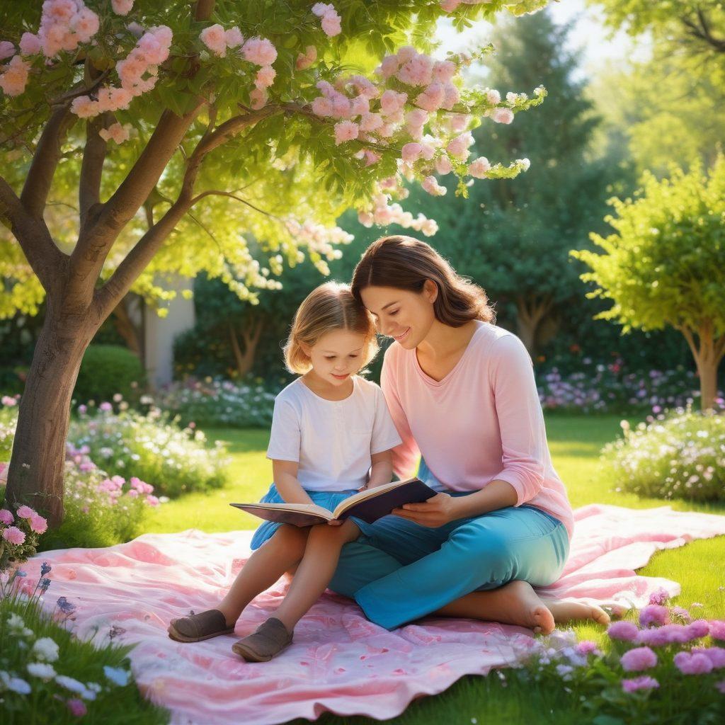 A warm, nurturing scene depicting a parent and child engaged in a loving activity, such as reading or playing together, surrounded by symbols of growth like blossoming flowers and vibrant trees. The background can illustrate a sunlit garden, conveying feelings of safety and connection. The child should exhibit joy and trust, emphasizing the theme of intimacy in development. soft, pastel colors. super-realistic.