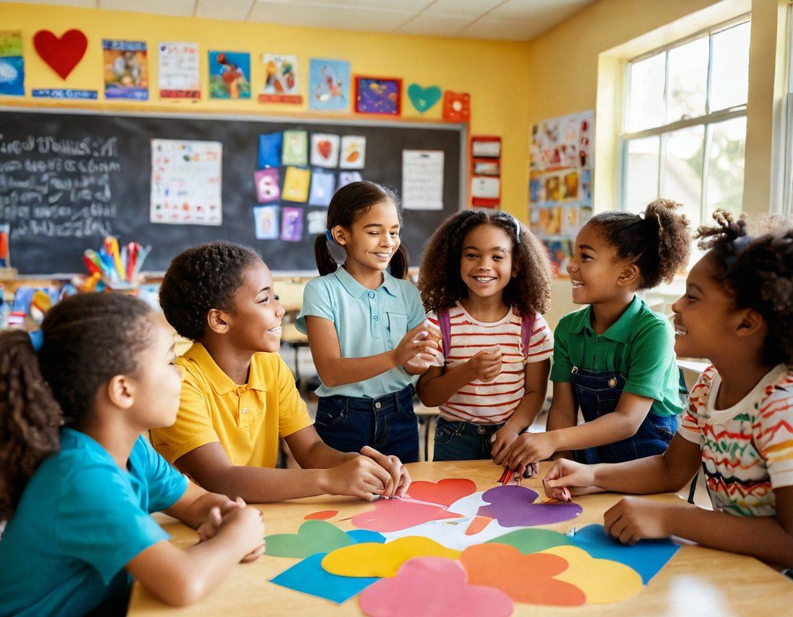 A warm and inviting classroom scene, featuring a diverse group of children engaged in collaborative learning activities, surrounded by elements symbolizing passion and affection like heart-shaped decorations and colorful art projects. A teacher interacts enthusiastically with the students, showcasing supportive relationships. Soft sunlight illuminates the space, creating a joyful atmosphere. vibrant colors. super-realistic.